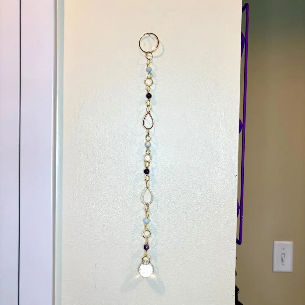 Aquamarine Amethyst Bead Hanging | Gold Teardrop Frame | Crystal Ball Prism